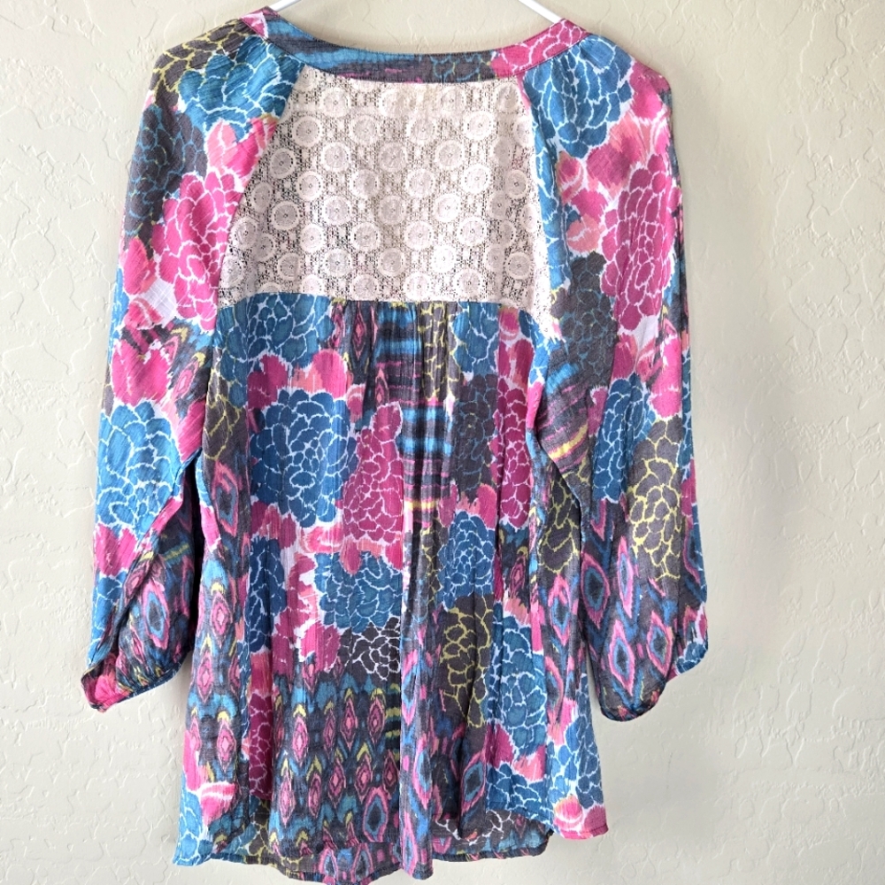 Anthropologie Fig and Flower Blouse Top Pink & Blue Floral Lace Back Boho 2X - Picture 2 of 12
